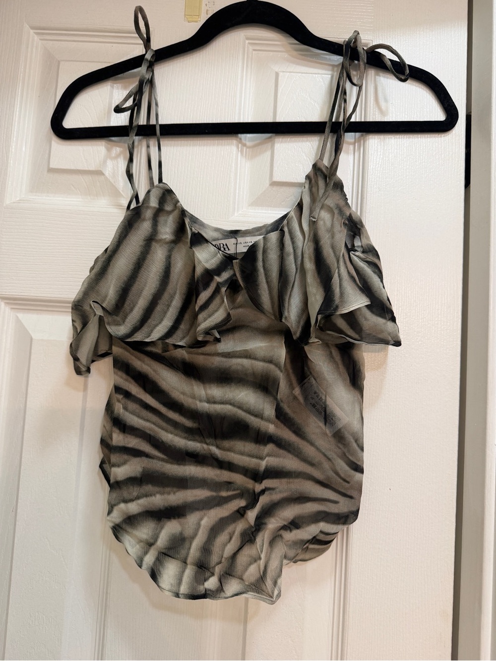ZARA Olive Zebra-Print Ruffle Tie-Strap Cami